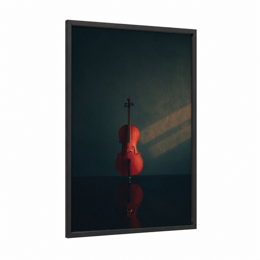 Crimson Cello Light framed art print — black wood frame — red and teal palette