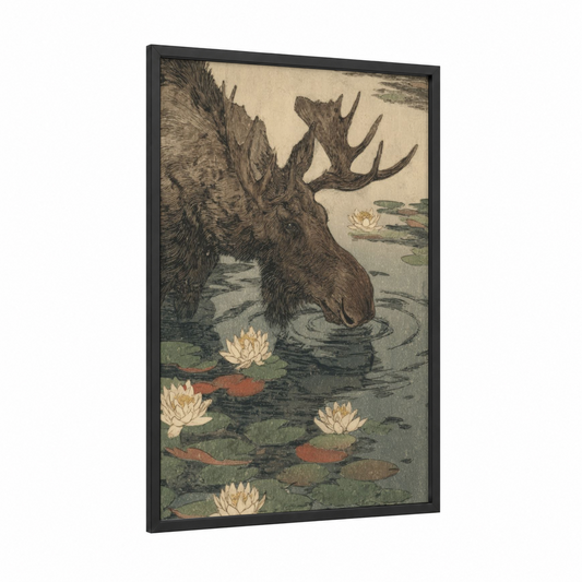 Lotus Moose framed art print — black wood frame — cream and olive palette