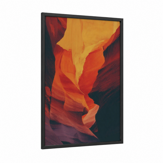 Crimson Canyon Sunset framed art print — black wood frame — orange and red palette