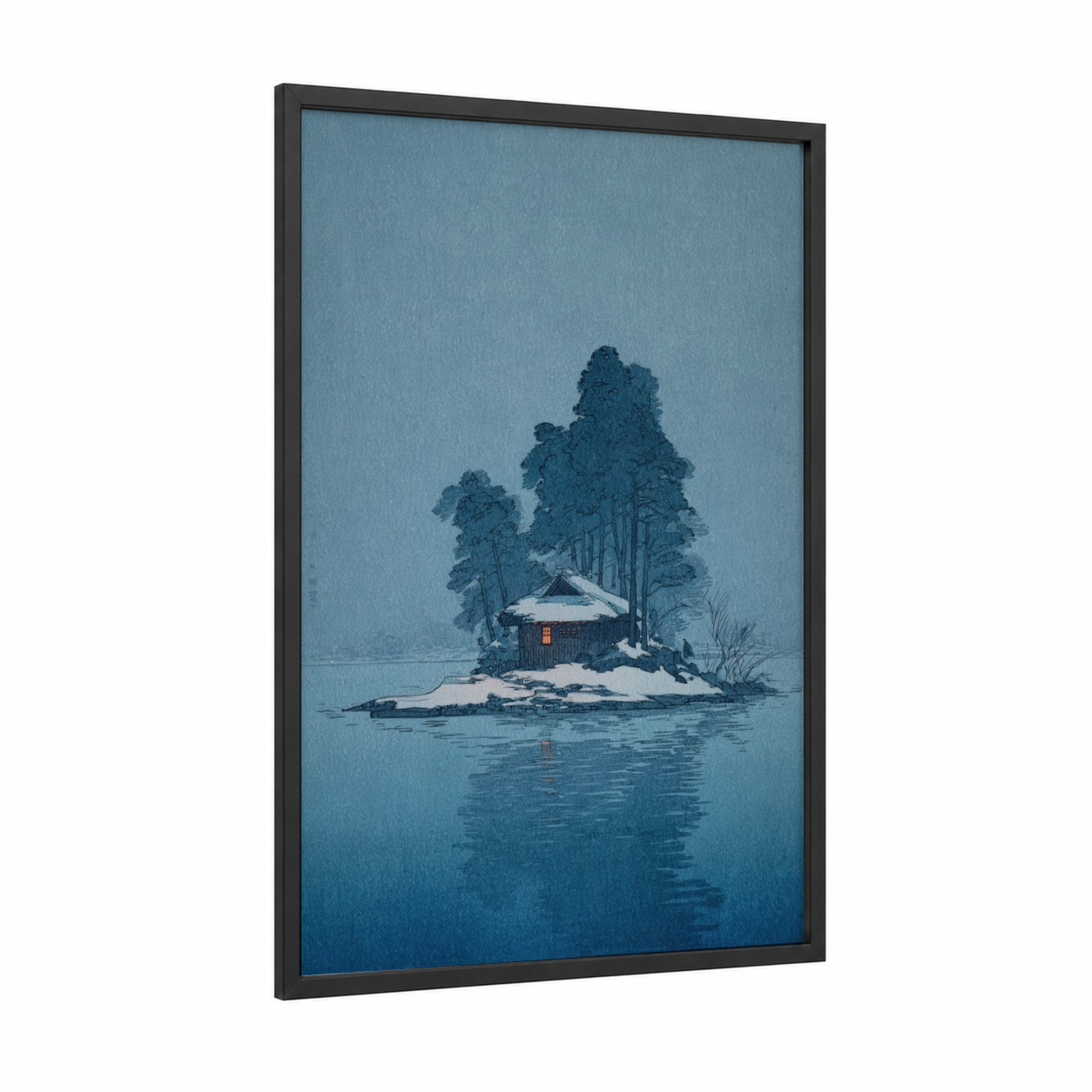 Snowy Island Retreat framed art print — black wood frame — blue and white and gray palette