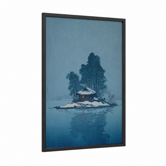 Snowy Island Retreat framed art print — black wood frame — blue and white and gray palette