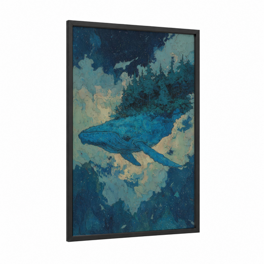 Cosmic Blue Whale framed art print — black wood frame — blue and cream palette