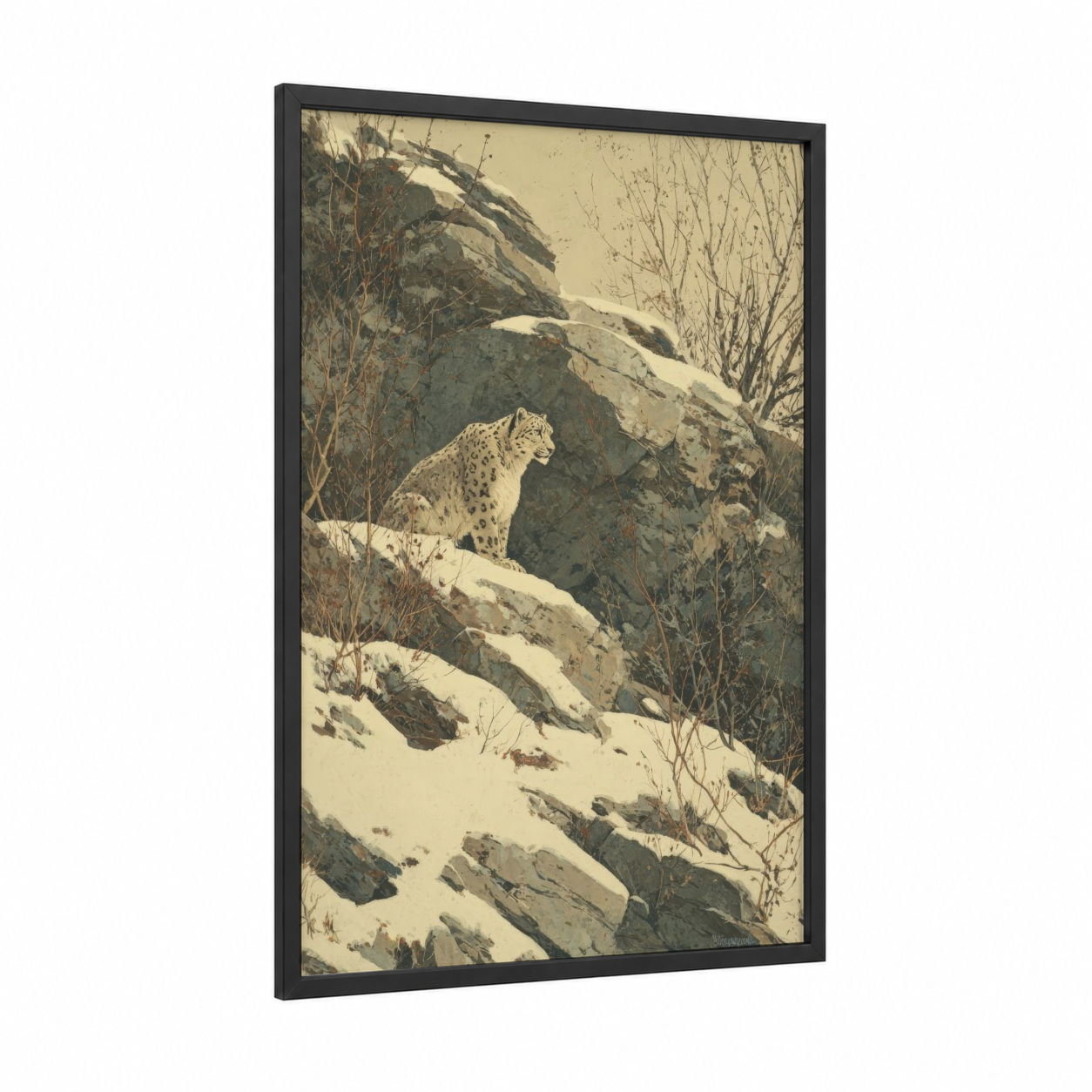 Snowy Leopard Watch framed himalayas print — black wood frame — cream and gray palette