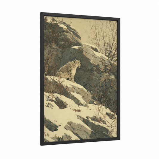 Snowy Leopard Watch framed himalayas print — black wood frame — cream and gray palette
