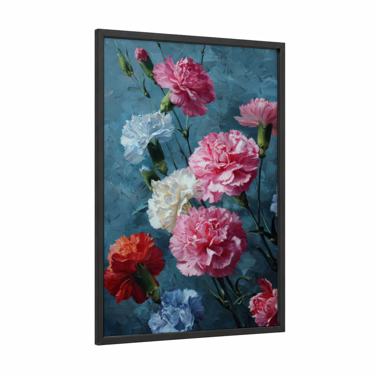 Jewel Tone Carnations framed art print — black wood frame — pink and teal palette