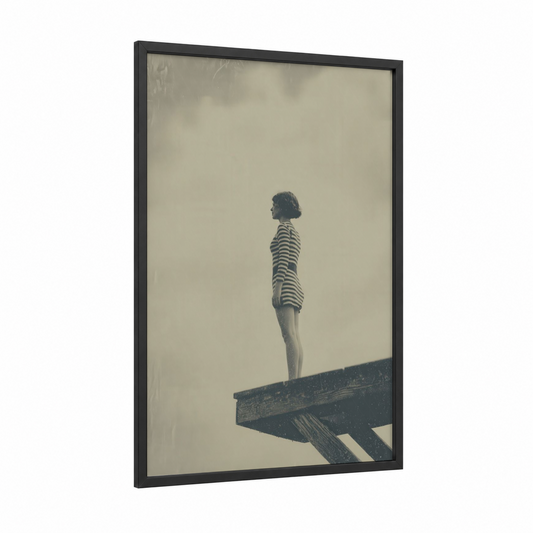 Diving Contemplation framed swimming print — black wood frame — black and white and dove gray palette