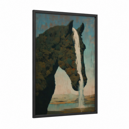 Waterfall Clydesdale framed clydesdale horse print — black wood frame — teal and brown palette