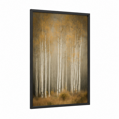 Golden Aspen Forest framed art print — black wood frame — gold and white palette