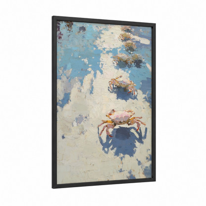 Sandy Crab framed art print — black wood frame — blue and cream palette