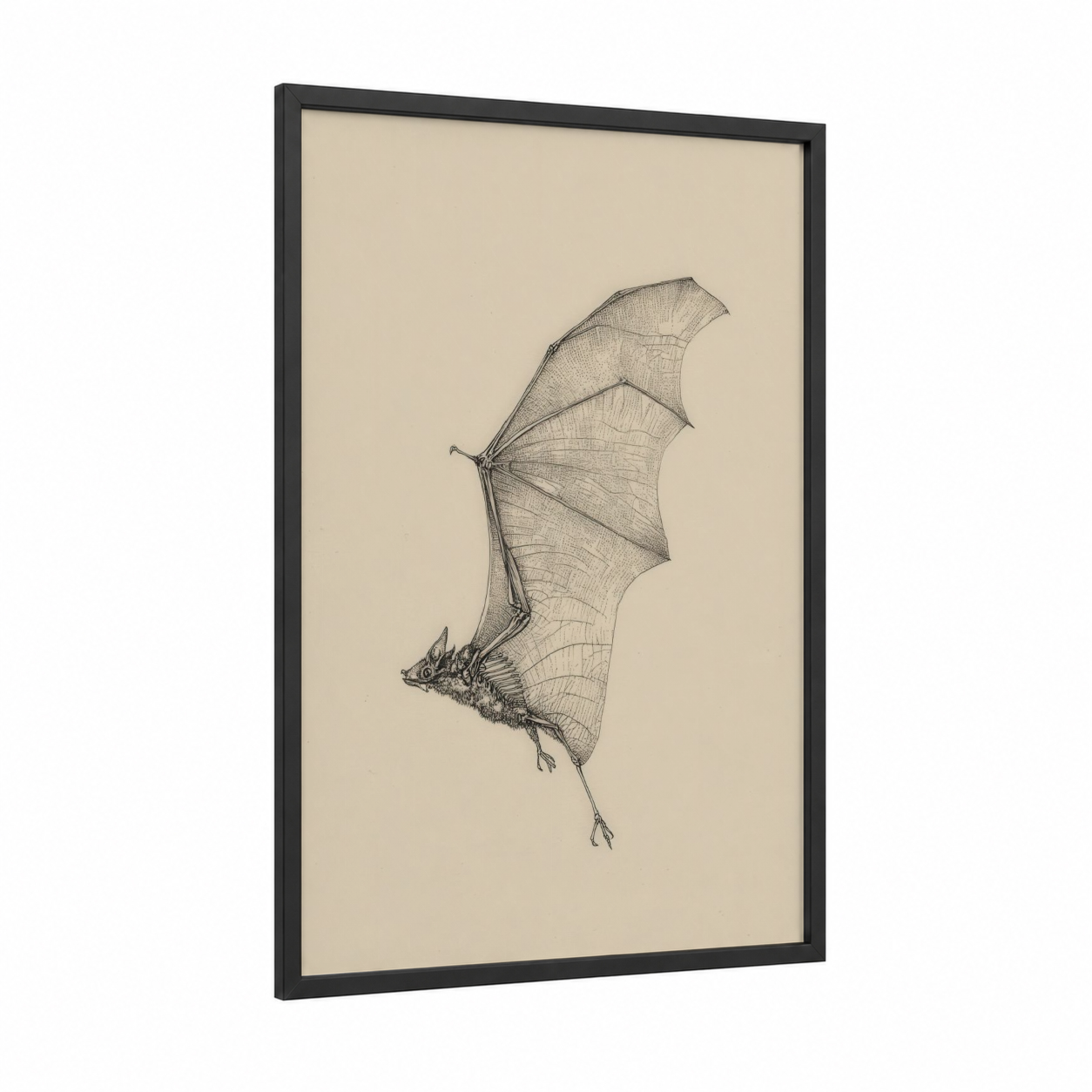 Hanging Bat Study framed art print — black wood frame — beige and black palette