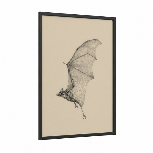 Hanging Bat Study framed art print — black wood frame — beige and black palette