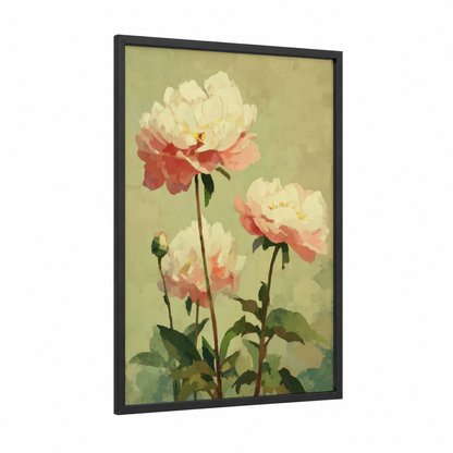 Cream Peony Trio framed art print — black wood frame — cream and salmon pink palette