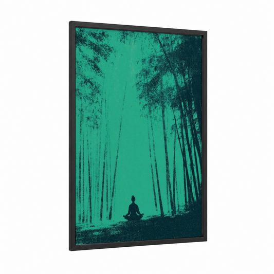 Meditative Forest Yoga framed fitness yoga print — black wood frame — teal and true green palette