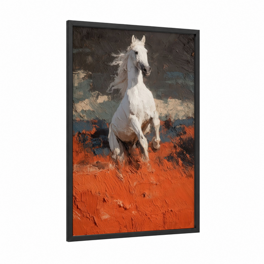 Desert Stallion framed andalusian horse print — black wood frame — white and orange palette