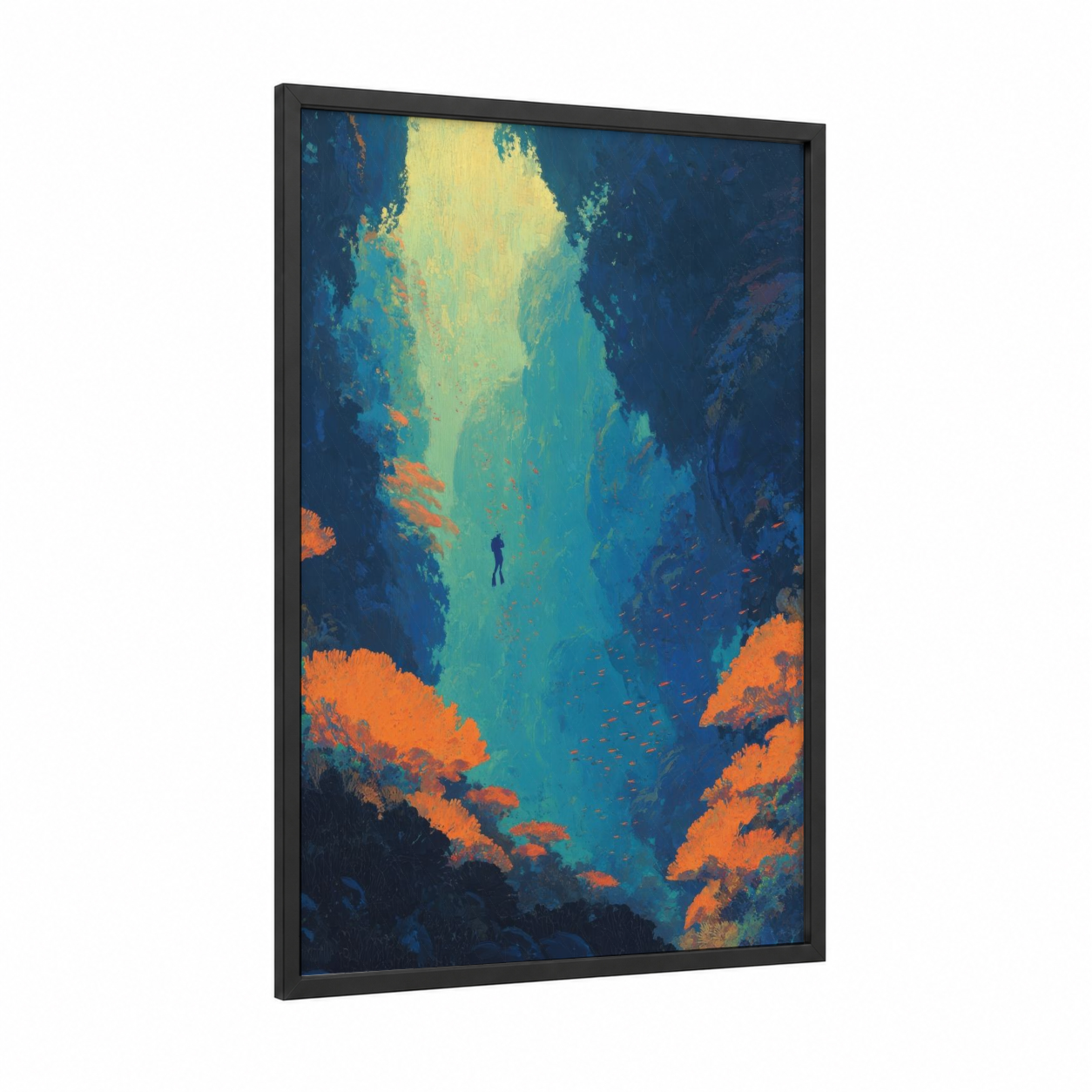 Underwater Canyon Dive framed diving print — black wood frame — turquoise and orange palette