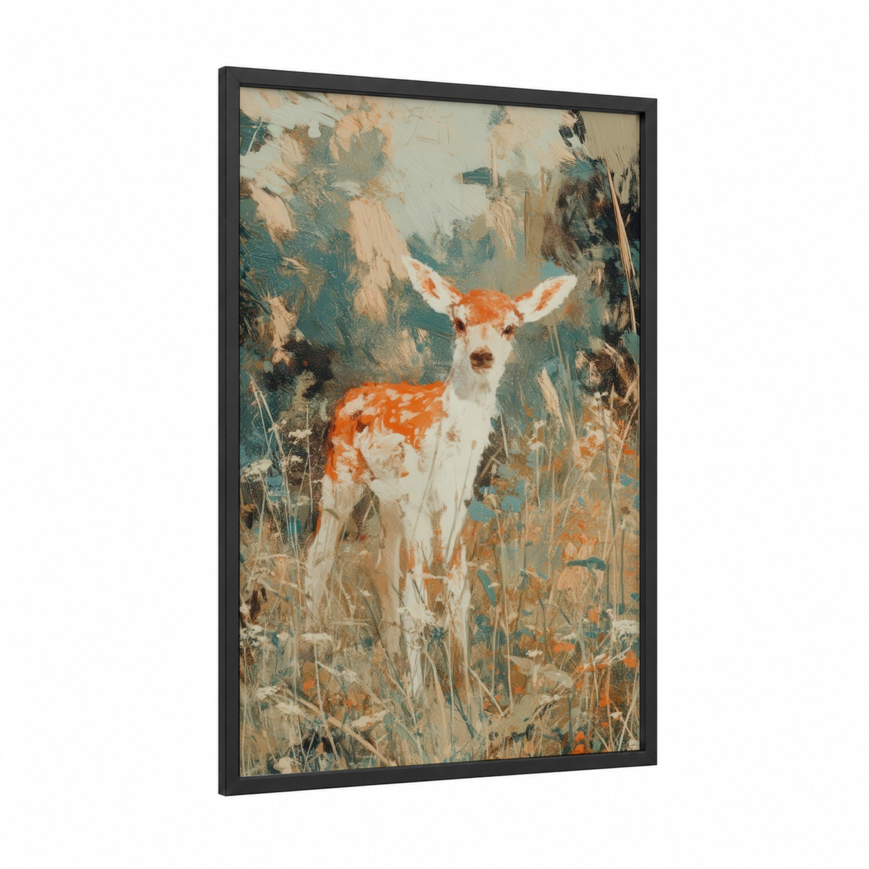 Autumn Antelope framed art print — black wood frame — teal and peach palette