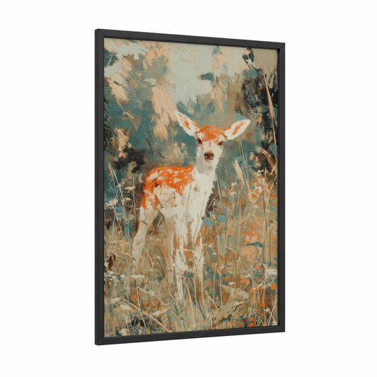 Autumn Antelope framed art print — black wood frame — teal and peach palette