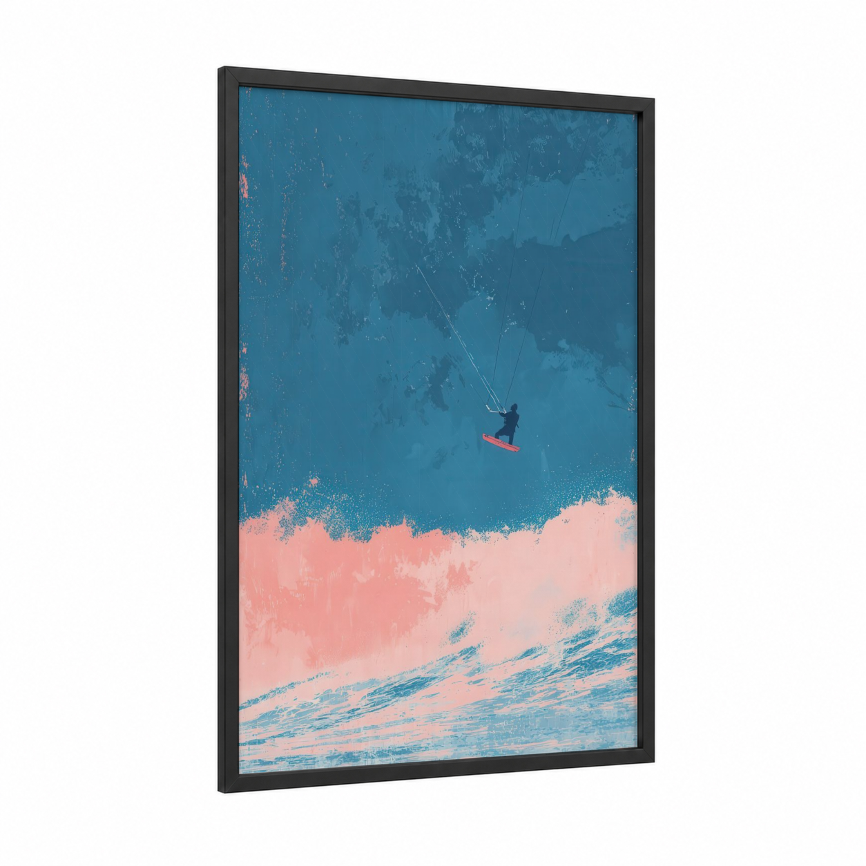 Aerial Kite Surfer framed kite surfing print — black wood frame — teal and salmon pink palette