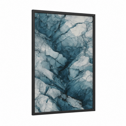 Glacial Crevasse framed glacier print — black wood frame — blue and white and gray and white palette