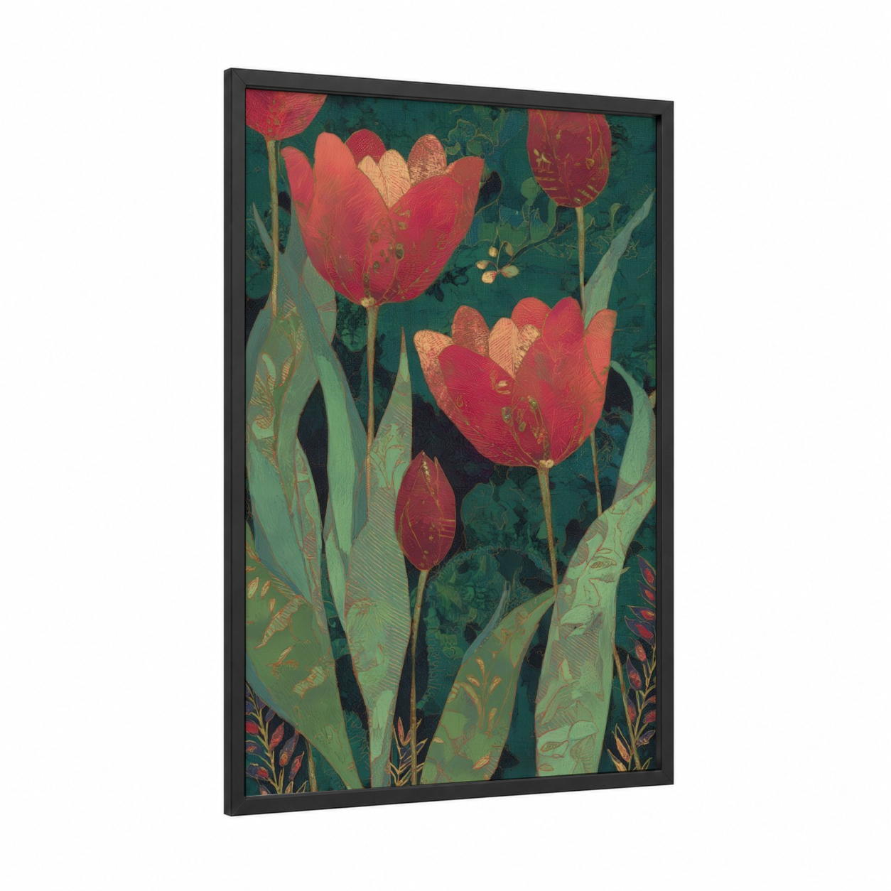 Crimson Tulip Garden framed art print — black wood frame — red and dark green palette