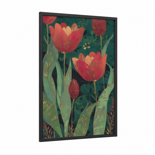 Crimson Tulip Garden framed art print — black wood frame — red and dark green palette