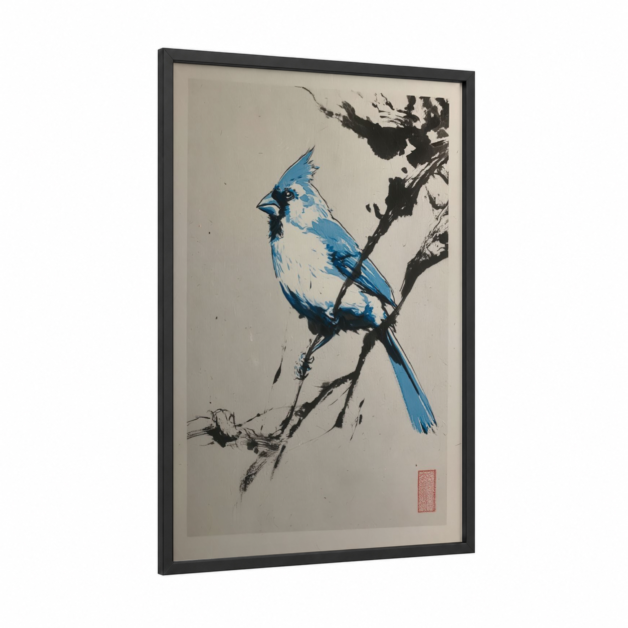 Blue Cardinal Branch framed art print — black wood frame — blue and black and white palette