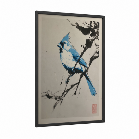 Blue Cardinal Branch framed art print — black wood frame — blue and black and white palette