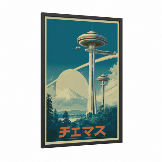 Futuristic Mountain framed japanese retrofuturism print — black wood frame — teal and cream palette