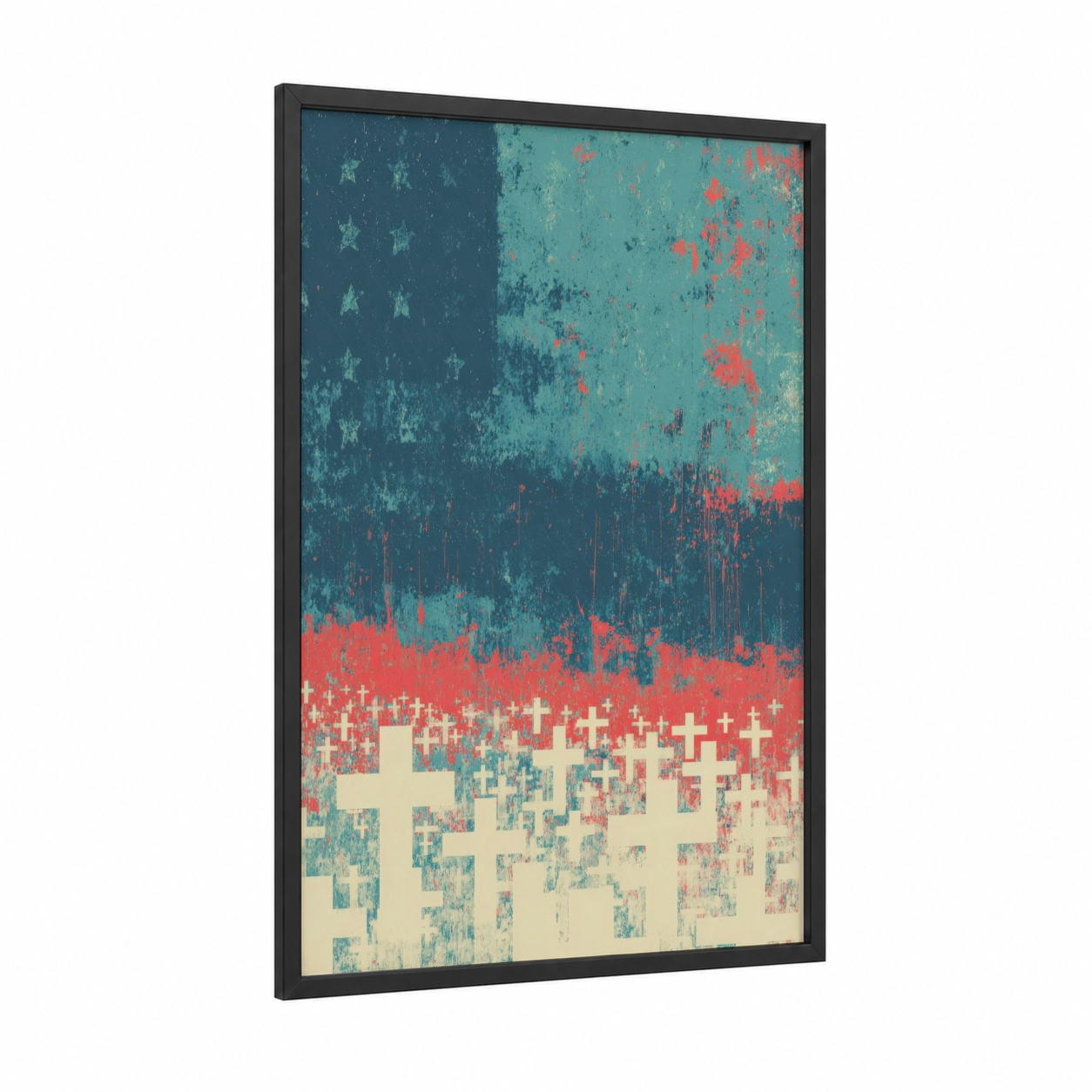 Solemn Remembrance framed veterans day print — black wood frame — teal palette