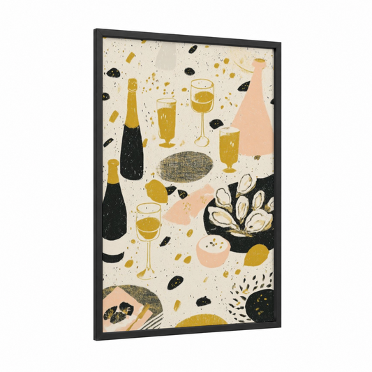 Champagne Celebration framed new years eve print — black wood frame — gold and black and gold palette