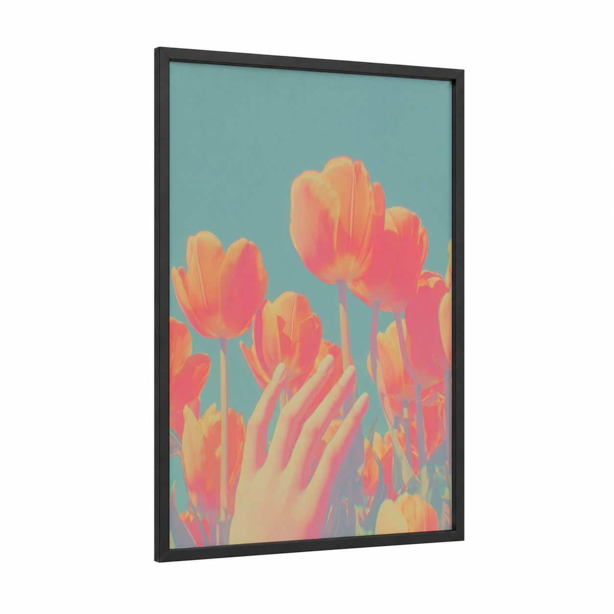Coral Tulip Reach framed nail print — black wood frame — peach and blue and gold palette
