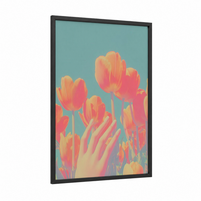 Coral Tulip Reach framed nail print — black wood frame — peach and blue and gold palette