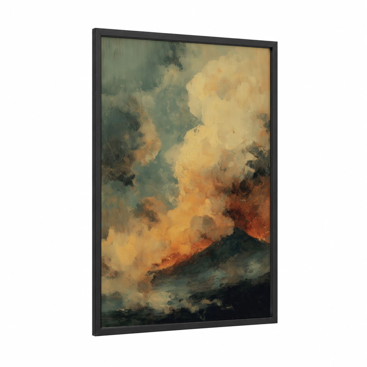 Erupting Volcano framed art print — black wood frame — gold and teal palette