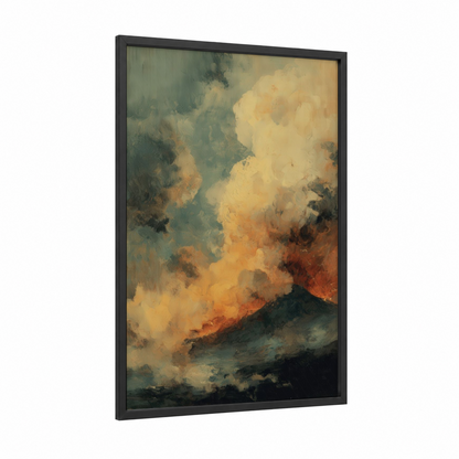 Erupting Volcano framed art print — black wood frame — gold and teal palette