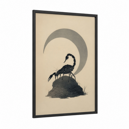 Moonlit Scorpion framed scorpions print — black wood frame — black and white and beige palette