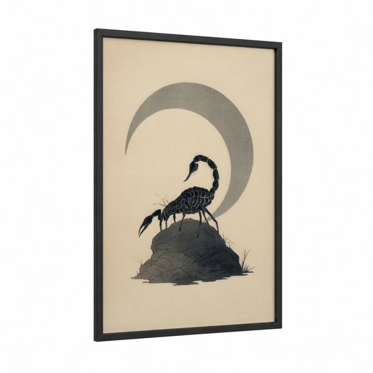 Moonlit Scorpion framed scorpions print — black wood frame — black and white and beige palette