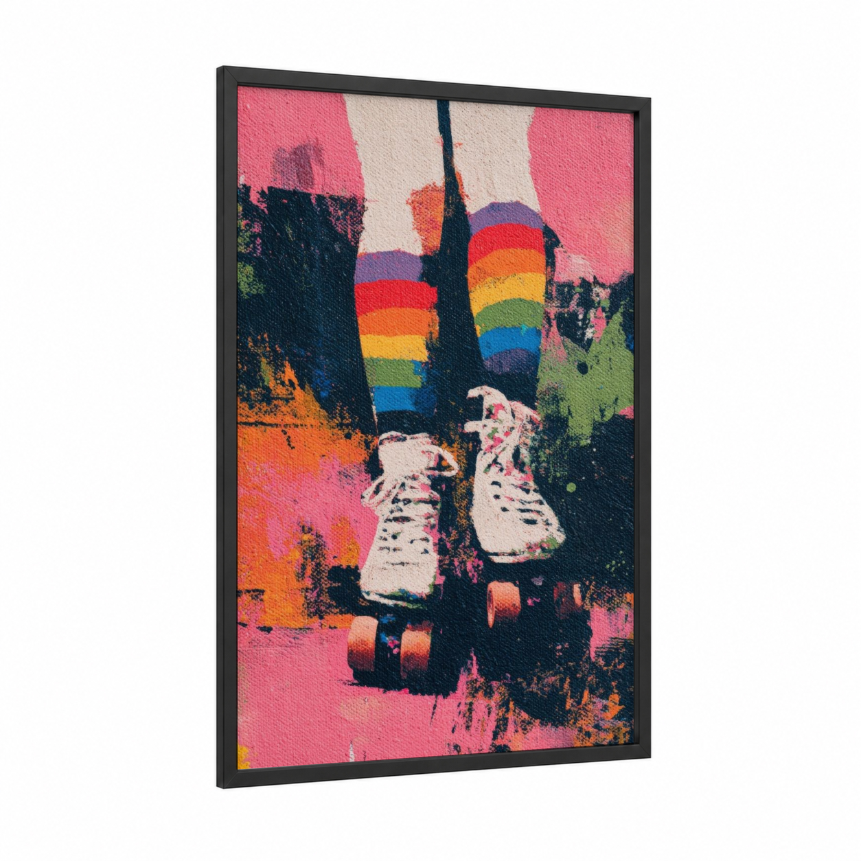 Rainbow Roller Bliss framed roller skating print — black wood frame — magenta and gold palette