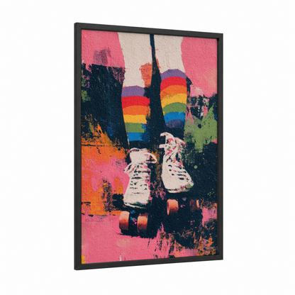 Rainbow Roller Bliss framed roller skating print — black wood frame — magenta and gold palette