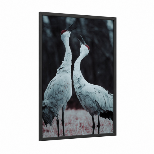 Snowy Crane Pair framed art print — black wood frame — white and gray palette