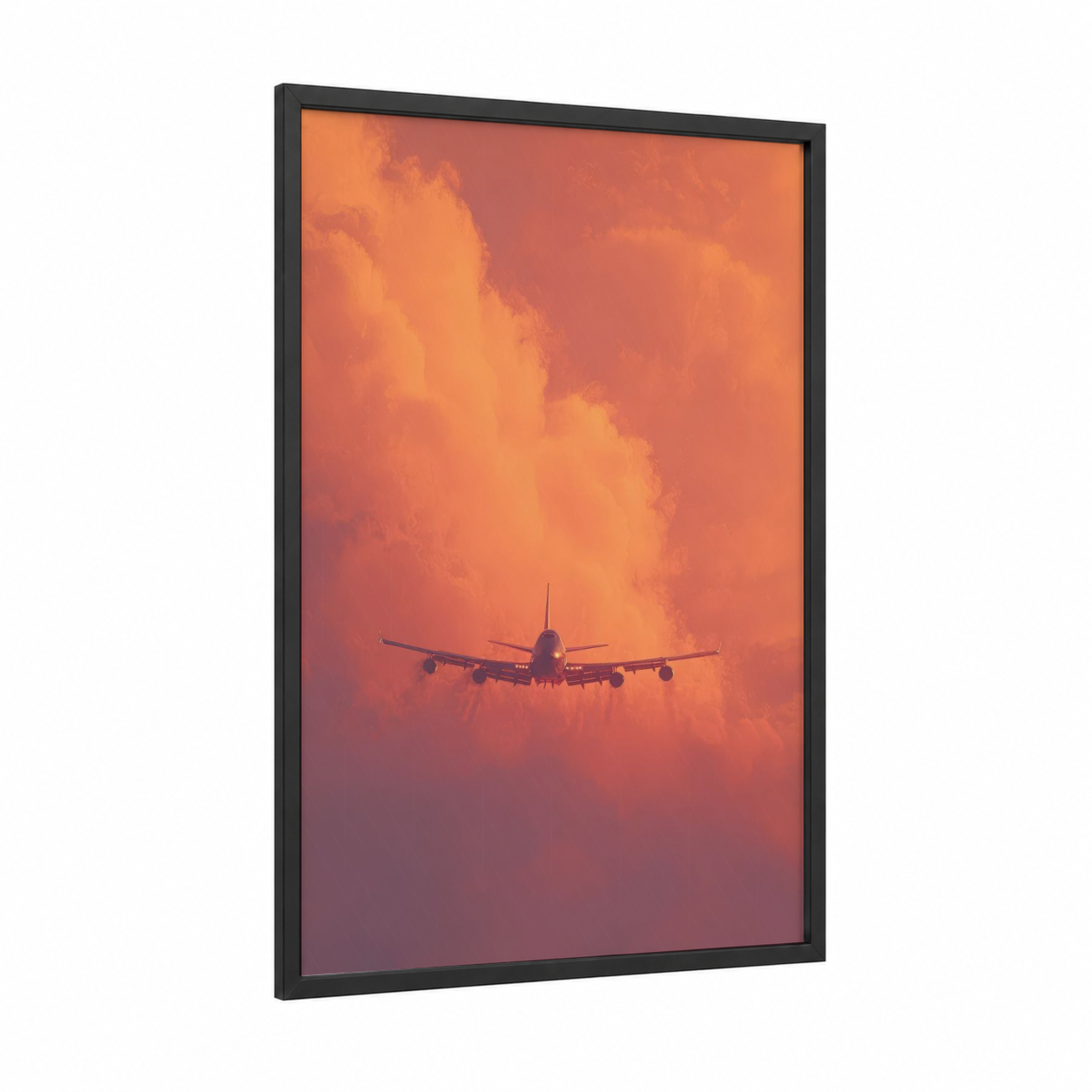Sunset Airliner framed commercial plane print — black wood frame — orange and pink palette