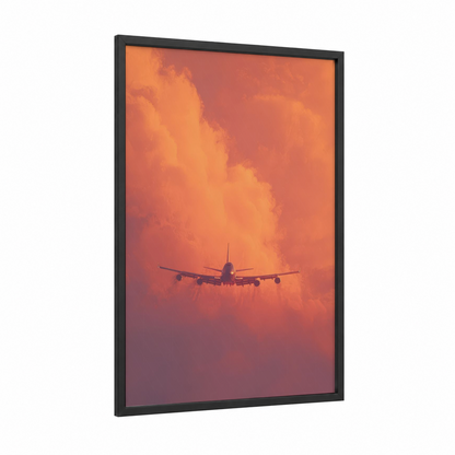 Sunset Airliner framed commercial plane print — black wood frame — orange and pink palette
