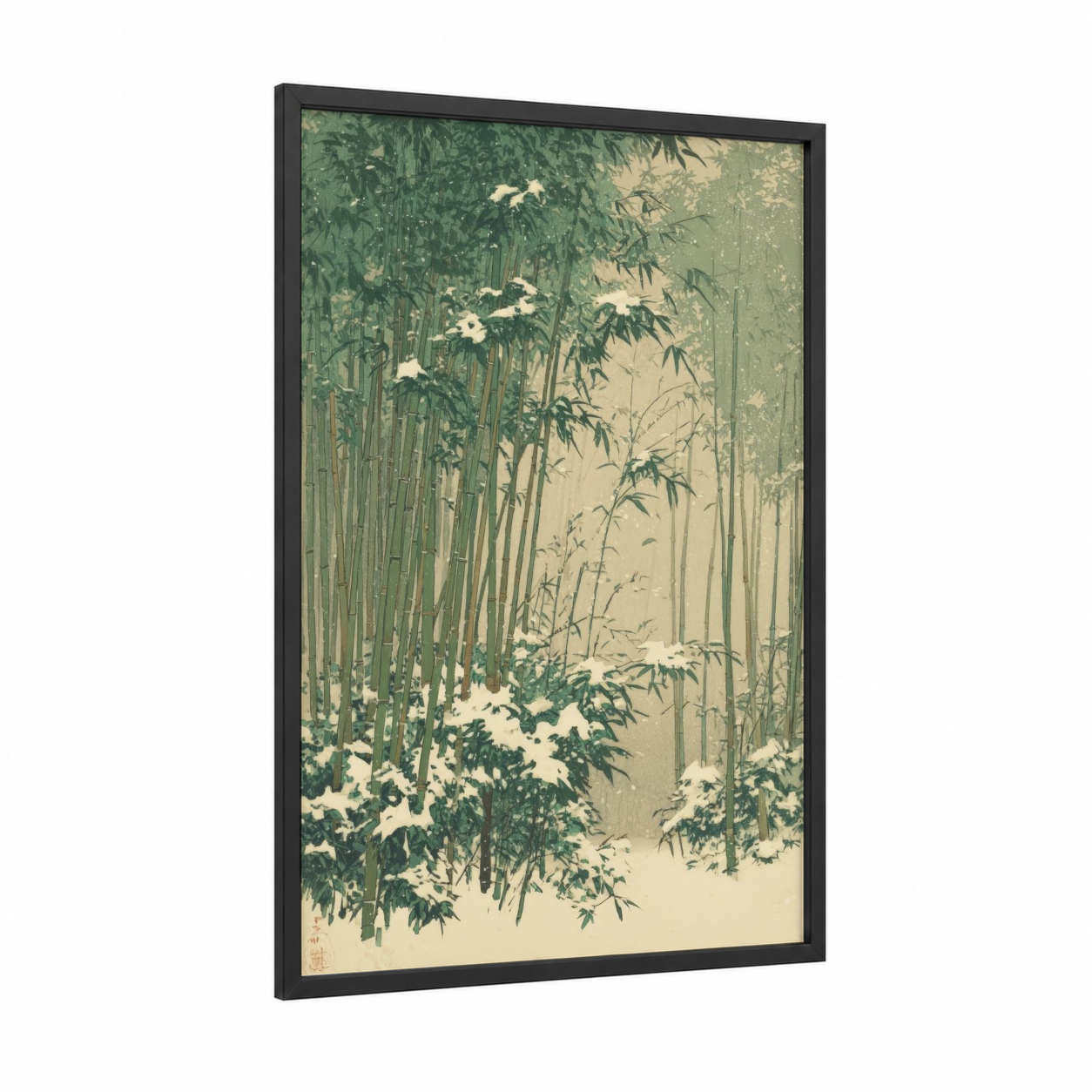 Winter Bamboo Forest framed bamboo jungle print — black wood frame — light green and cream palette