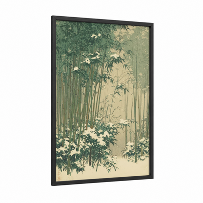 Winter Bamboo Forest framed bamboo jungle print — black wood frame — light green and cream palette