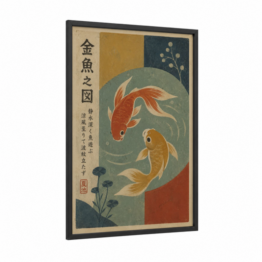 Japanese Koi Fish Vintage Wall Art framed art print — black wood frame — gold and teal palette