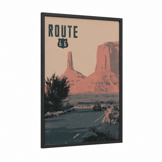 Route 66 Desert framed road and highways print — black wood frame — salmon pink and black and white palette