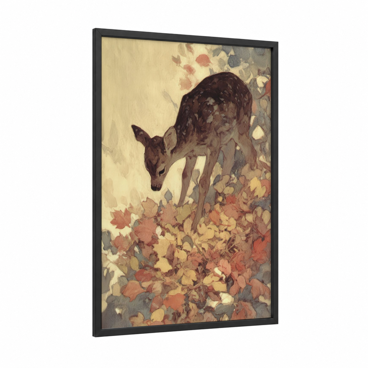 Autumn Reindeer framed art print — black wood frame — russet and cream palette