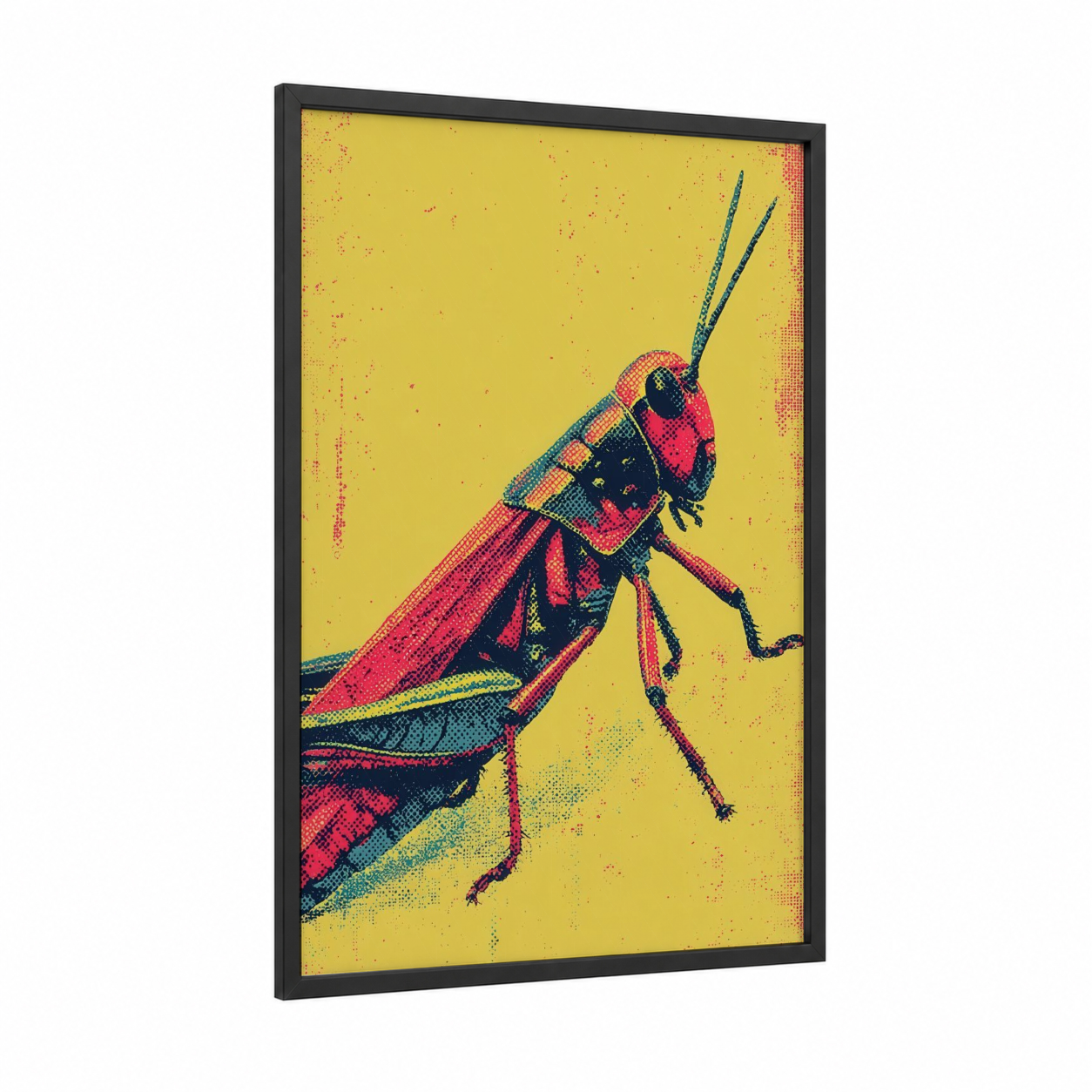Crimson Grasshopper framed art print — black wood frame — yellow and magenta palette