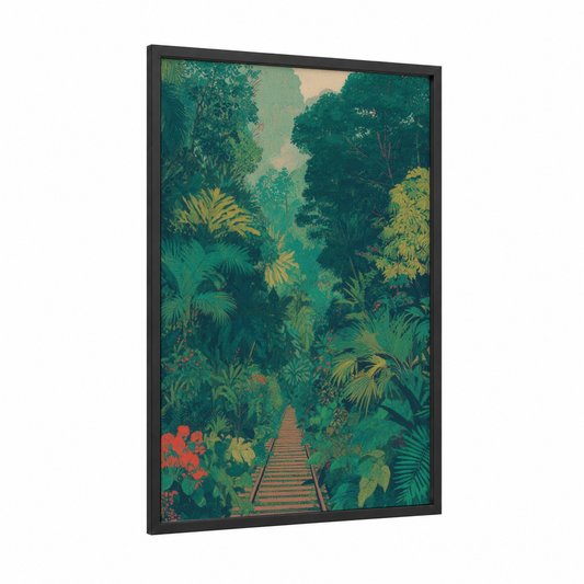 Jungle Railway framed train tracks print — black wood frame — true green and gold palette