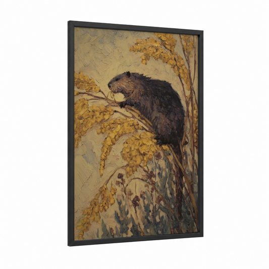 Autumn Beaver framed art print — black wood frame — gold and cream palette