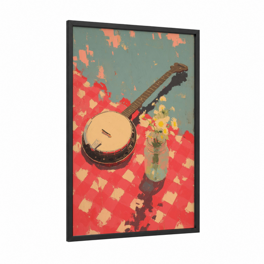 Vintage Banjo Bloom framed art print — black wood frame — red and sage green palette